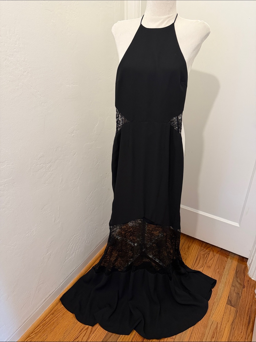 Fame and Partners Black Halter Maxi Gown with Lace Panels Wedding